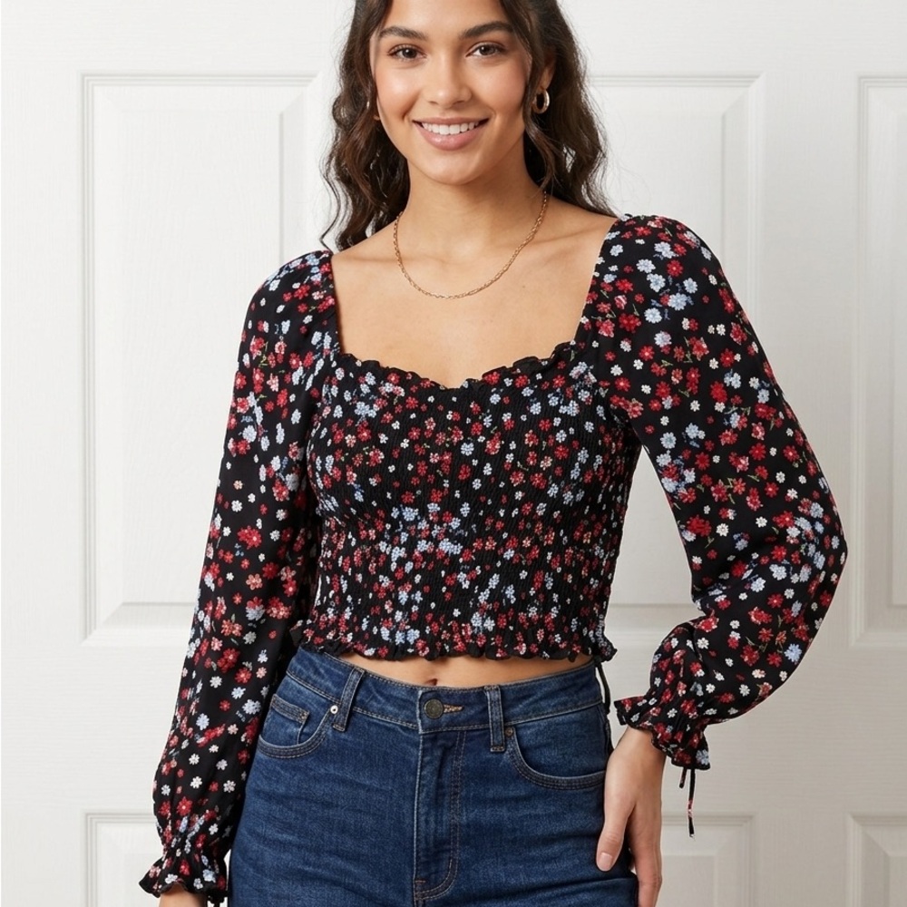 Smocked Square-Neck Floral Crop Top - Black with Red & Pink Flowers